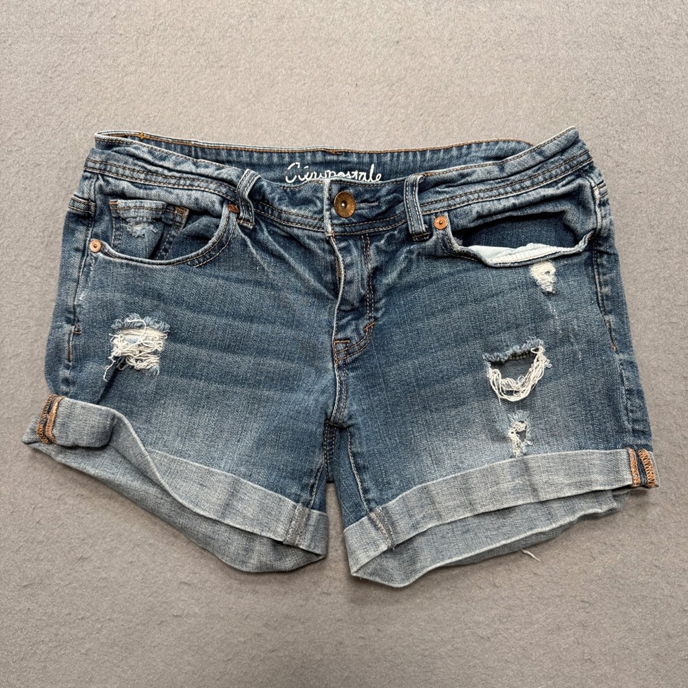 Aeropostale Boyfriend Shorts Women's 4 Blue Medium Wash Cuffed Distressed Summer